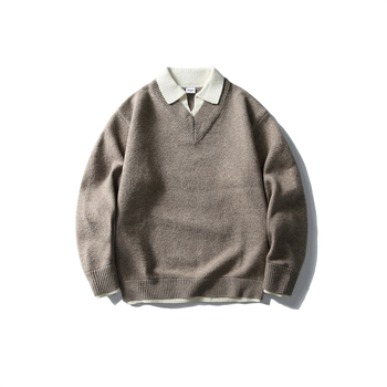 Pulover cu guler rever, patchwork japonez retro, tricot gros, mâneci lungi, detaliu cu flori răsucite