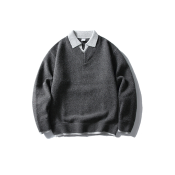 Pulover cu guler rever, patchwork japonez retro, tricot gros, mâneci lungi, detaliu cu flori răsucite