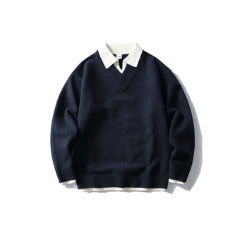 Pulover cu guler rever, patchwork japonez retro, tricot gros, mâneci lungi, detaliu cu flori răsucite