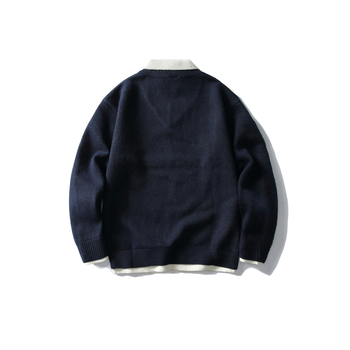 Pulover cu guler rever, patchwork japonez retro, tricot gros, mâneci lungi, detaliu cu flori răsucite