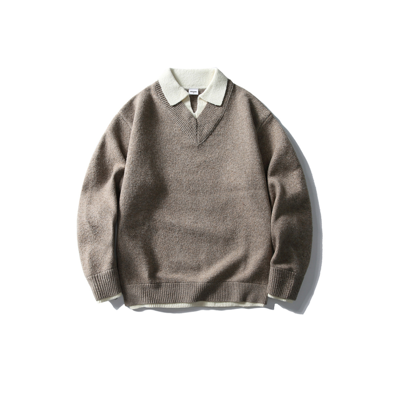 Pulover cu guler rever, patchwork japonez retro, tricot gros, mâneci lungi, detaliu cu flori răsucite