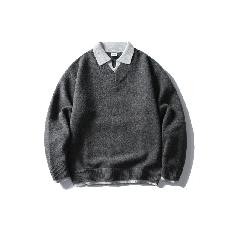 Pulover cu guler rever, patchwork japonez retro, tricot gros, mâneci lungi, detaliu cu flori răsucite