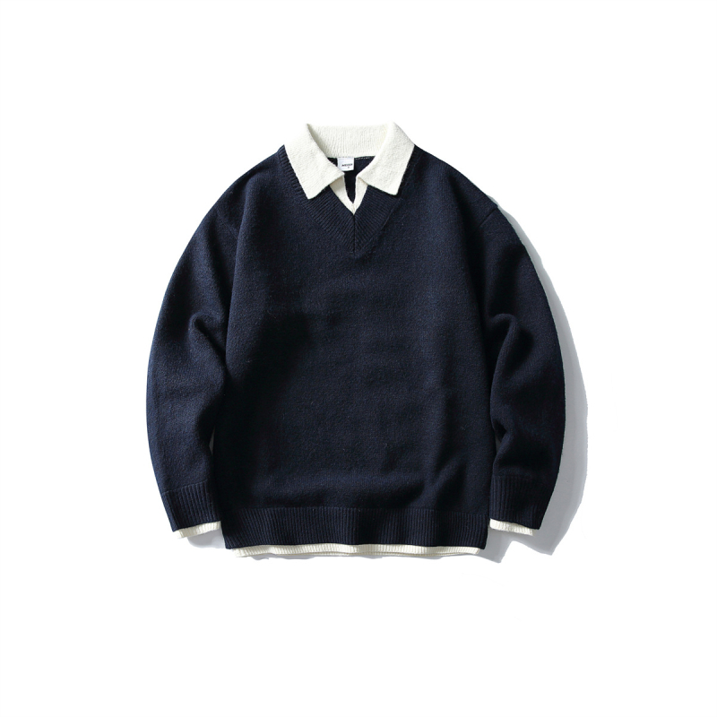 Pulover cu guler rever, patchwork japonez retro, tricot gros, mâneci lungi, detaliu cu flori răsucite