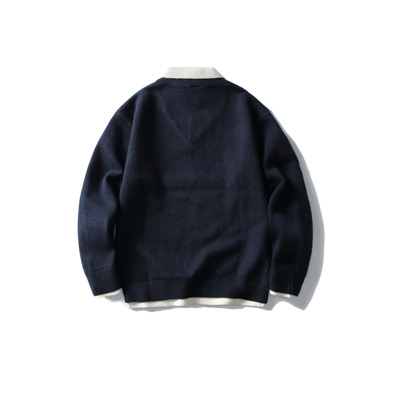 Pulover cu guler rever, patchwork japonez retro, tricot gros, mâneci lungi, detaliu cu flori răsucite