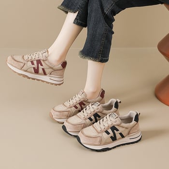 Női sportcipő vastag talppal, magasságot növelő dizájn, kültéri futáshoz és mindennapi viselethez, 2025 ősz; felsőrész: disznó bőr + műbőr + textil; kötés; sarokmagasság 3–5 cm