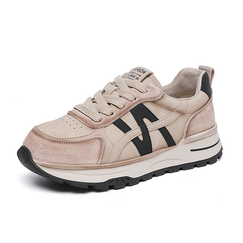 Női sportcipő vastag talppal, magasságot növelő dizájn, kültéri futáshoz és mindennapi viselethez, 2025 ősz; felsőrész: disznó bőr + műbőr + textil; kötés; sarokmagasság 3–5 cm