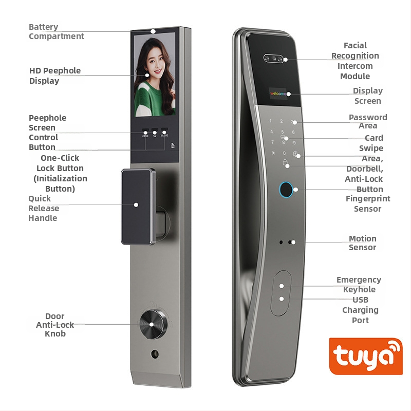 Lacăt inteligent pentru ușă cu amprentă, venă palmară, recunoaștere facială și parolă – Deblocare de la distanță Tuya WiFi, 100 de amprente înregistrate, scanare 0,01 s, FAR 0,01%, FRR 0,1%