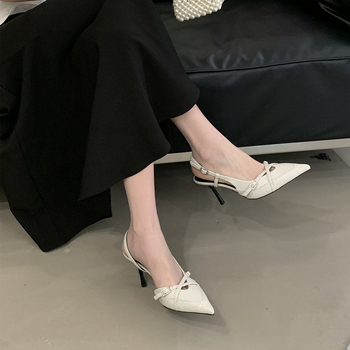 Sandale damă cu vârf ascuțit, fără spate, partea superioară PU, talpă de cauciuc, toc subțire 6–8 cm, primăvară-vară 2025, stil inspirat din Coreea