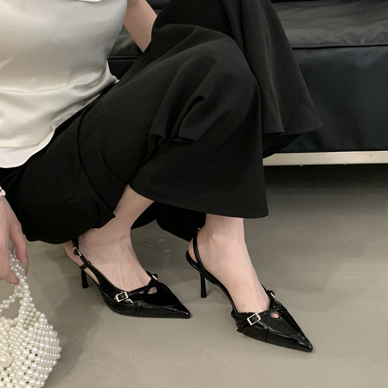 Sandale damă cu vârf ascuțit, fără spate, partea superioară PU, talpă de cauciuc, toc subțire 6–8 cm, primăvară-vară 2025, stil inspirat din Coreea