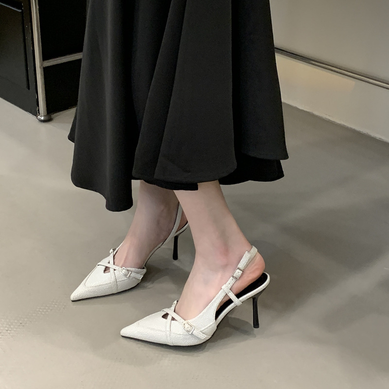 Sandale damă cu vârf ascuțit, fără spate, partea superioară PU, talpă de cauciuc, toc subțire 6–8 cm, primăvară-vară 2025, stil inspirat din Coreea