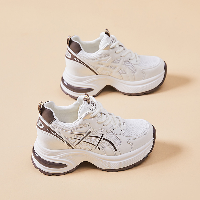 Női könnyű, lélegző sportcipő két réteg bőr és háló felsőrész, PU talpbetét, PU talp, színes blokk minta, fűzőzár, alacsony boka, kerek orr, tavasz-nyár-őszre