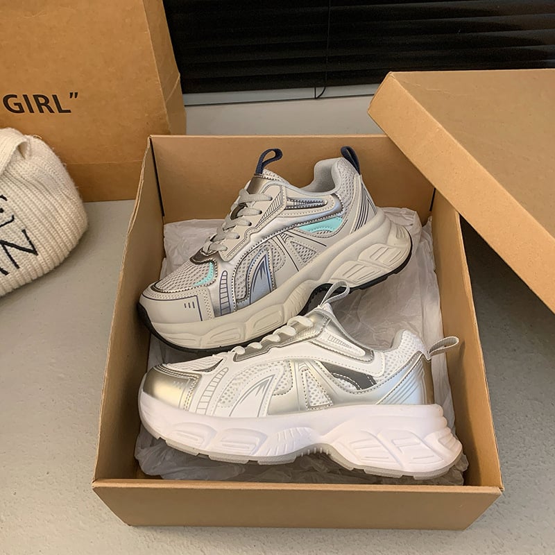 Női vastag talpú sportcipő - PU felső rész, kerek orr, EVA belső talp, gumitalp, sarokmagasság 3–5 cm