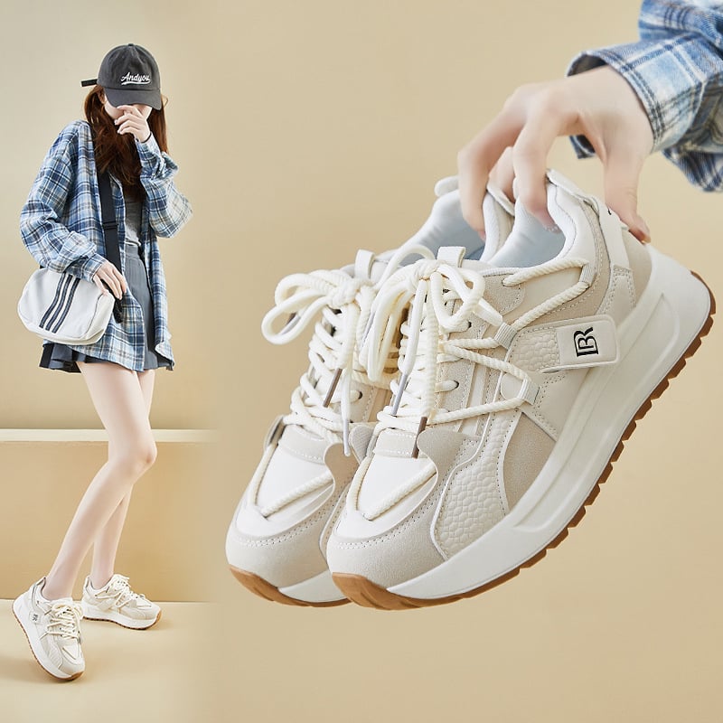 Női dad shoes, casual sportcipő, vastag talppal a magasság növelésére; PU felsőrész, kerek orr, alacsony boka, injektált gumitalp.