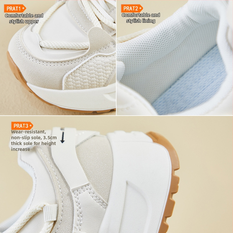 Női dad shoes, casual sportcipő, vastag talppal a magasság növelésére; PU felsőrész, kerek orr, alacsony boka, injektált gumitalp.