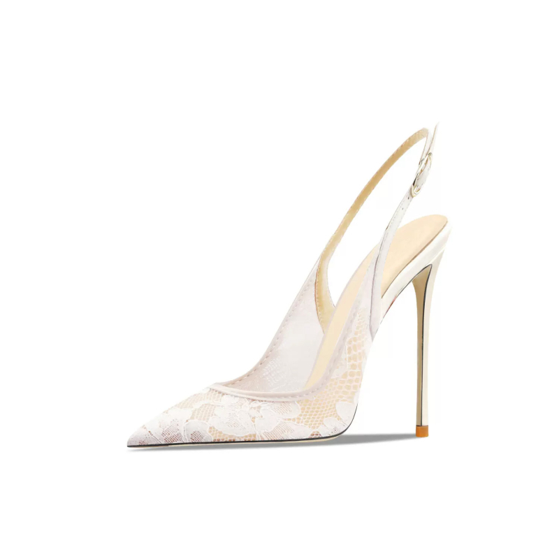 Guoar дамски сандали с отворена задна част, дантелена мрежа, катарама, тънък стилетен ток над 8 см, заострен нос, дишащи