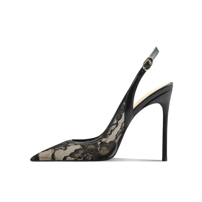 Guoar дамски сандали с отворена задна част, дантелена мрежа, катарама, тънък стилетен ток над 8 см, заострен нос, дишащи