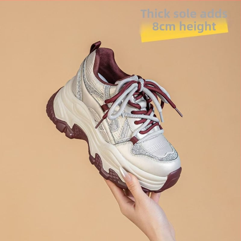 Női dad cipő belső 8 cm-es magasság növeléssel, valódi puha bőr felsőrész, gumihabos talp, koreai stílusú vastag talpú mindennapi cipő