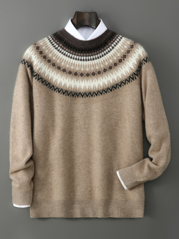 Férfi pulóver – 100% gyapjú, fél-nyakú gallér, jacquard mintás, vintage stílus, vastag kötés