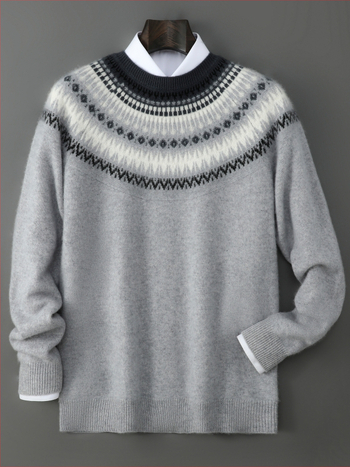 Pánsky sveter – 100% vlna, polrolák, žakardový vzor, vintage štýl, hrubý pletený úplet