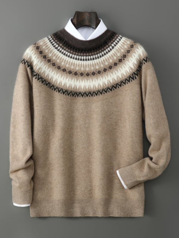 Férfi pulóver – 100% gyapjú, fél-nyakú gallér, jacquard mintás, vintage stílus, vastag kötés