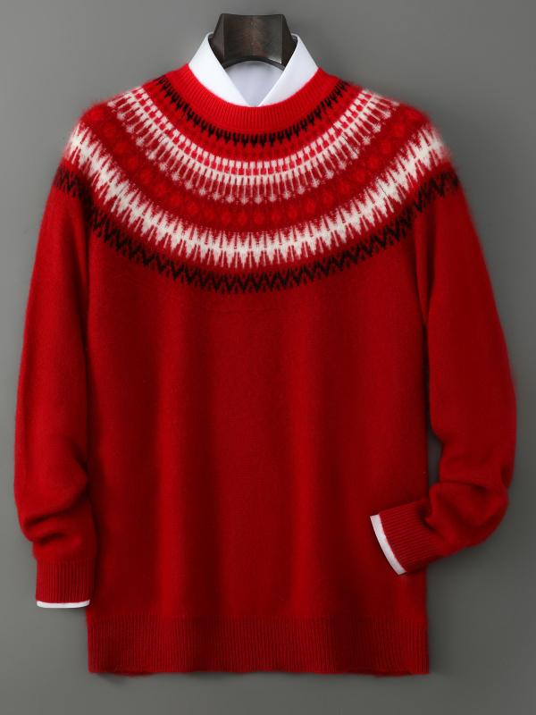 Férfi pulóver – 100% gyapjú, fél-nyakú gallér, jacquard mintás, vintage stílus, vastag kötés