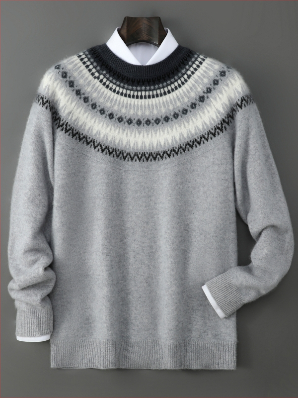 Pánsky sveter – 100% vlna, polrolák, žakardový vzor, vintage štýl, hrubý pletený úplet