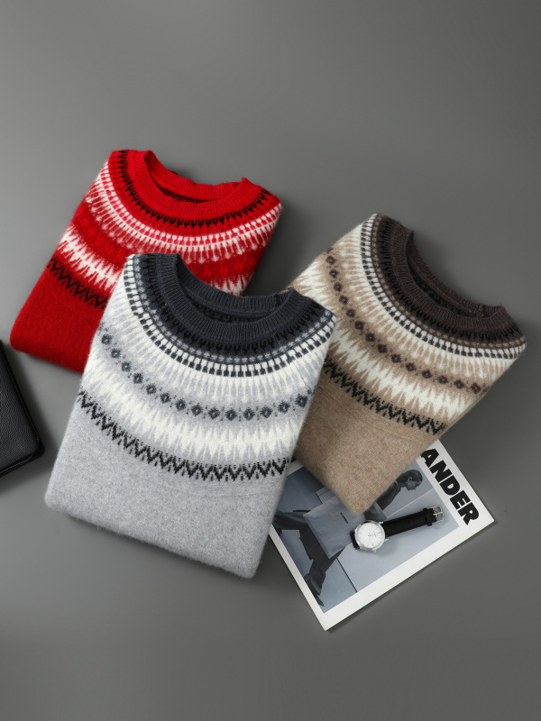 Férfi pulóver – 100% gyapjú, fél-nyakú gallér, jacquard mintás, vintage stílus, vastag kötés