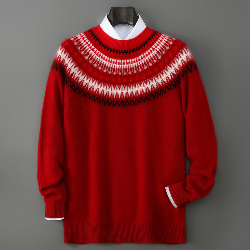 Férfi pulóver – 100% gyapjú, fél-nyakú gallér, jacquard mintás, vintage stílus, vastag kötés