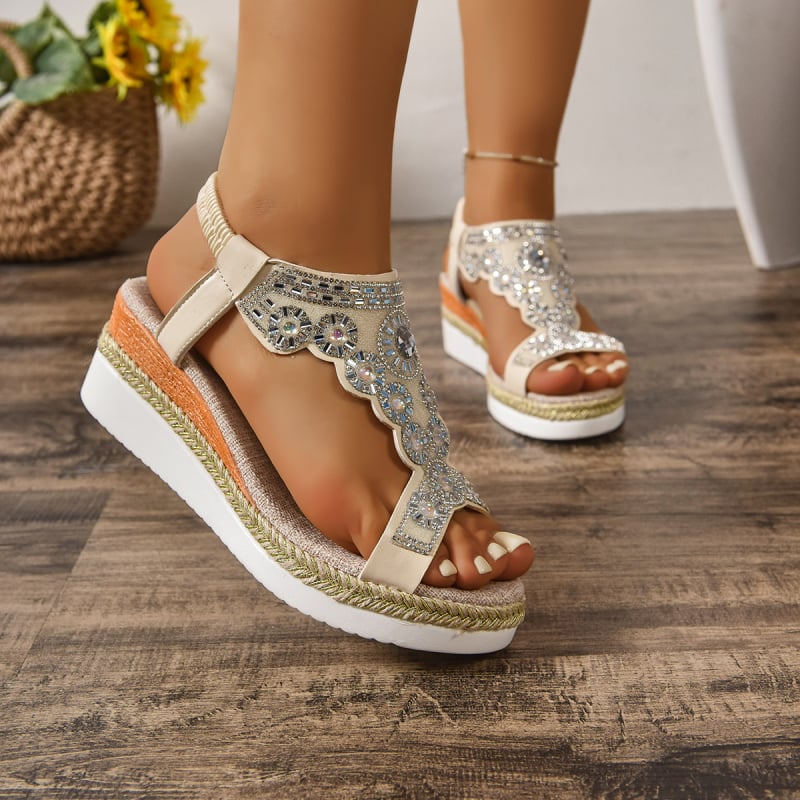 Γυναικεία μποέμ σάνδαλα με κεκλιμένο τακούνι, κρύσταλλα, PU επάνω μέρος, χοντρή σόλα, καλοκαίρι