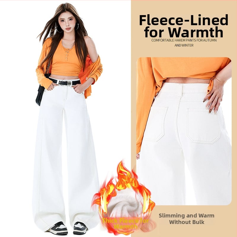 Jeansi de damă cu croi larg din denim din bumbac, talie ultra joasă, lungime medie, căptuți cu fleece