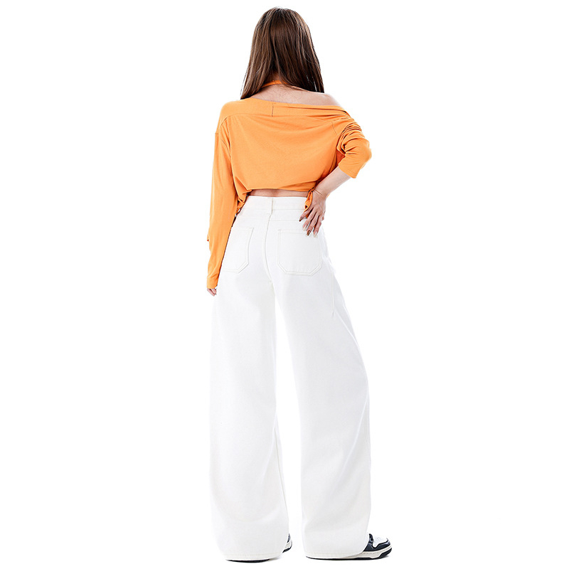 Jeansi de damă cu croi larg din denim din bumbac, talie ultra joasă, lungime medie, căptuți cu fleece