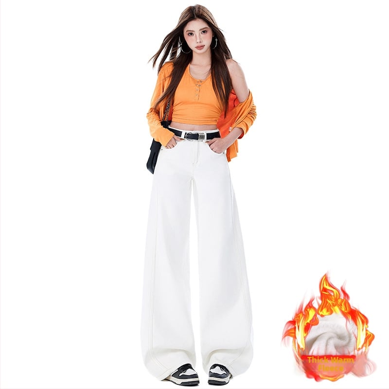 Jeansi de damă cu croi larg din denim din bumbac, talie ultra joasă, lungime medie, căptuți cu fleece