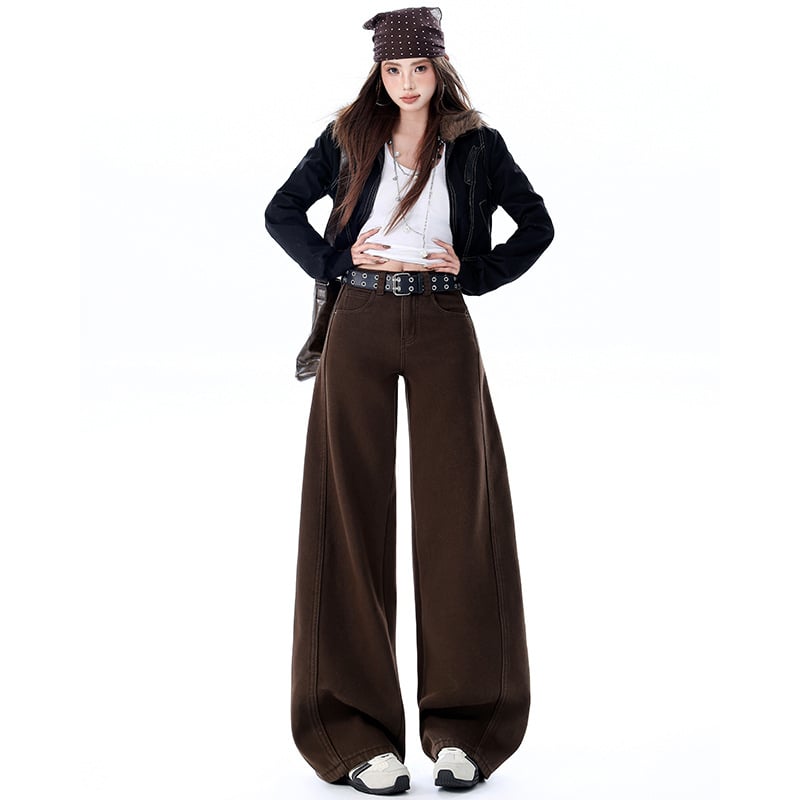 Jeansi de damă cu croi larg din denim din bumbac, talie ultra joasă, lungime medie, căptuți cu fleece