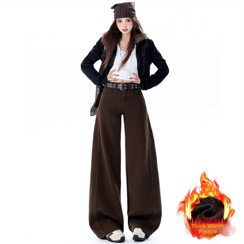 Jeansi de damă cu croi larg din denim din bumbac, talie ultra joasă, lungime medie, căptuți cu fleece