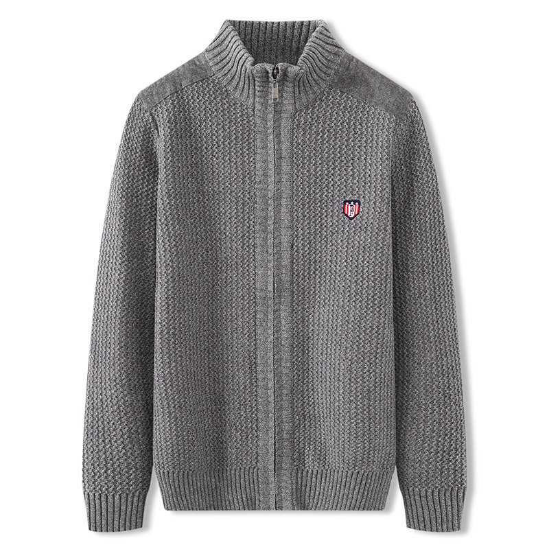 Ανδρικό πλεκτό καρντάγκαν από βαμβάκι με σταθερό γιακά, ελεύθερη γραμμή, μακριά μανίκια, 100% βαμβάκι, Χειμώνας 2024