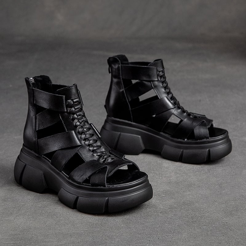 Platformos római szandál, hátul cipzárral és Velcro-zárással, marhabőr felsőrész és belső bélés, EVA talp