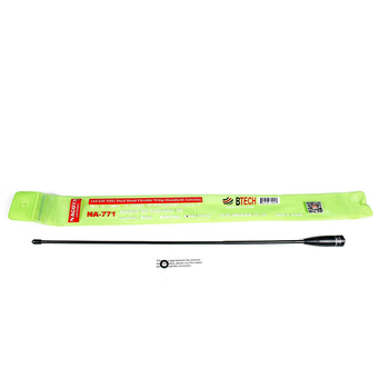 Anténa Nagoya Na-771 UV, dvojsekčná, 144/430 MHz; rozsah 1,5–3 km; teoretická vzdialenosť 5–10 km; výstupný výkon 10 W; proti rušeniu