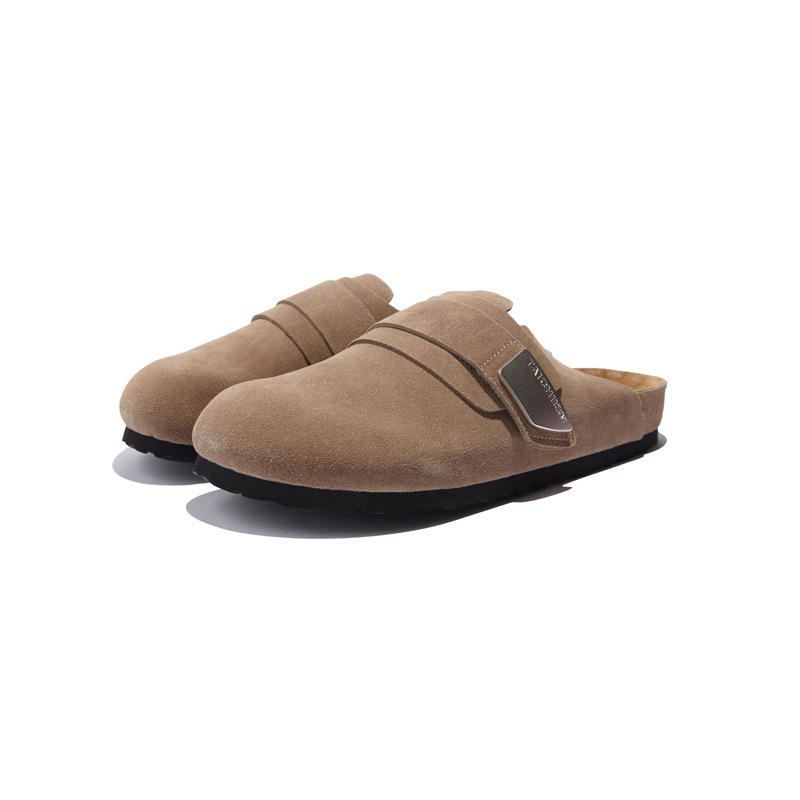 Ženske Baotou slip-on papuče, gornji dio od nubuk kože bivola, okrugli vrh, gumeni potplat, unutarnji materijal od super vlakana — ljeto 2024