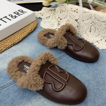 Ženske mule s mekim PU gornjim dijelom i umjetnom vunom, okrugli vrh, debela gumena potplata, slip-on u korejskom stilu