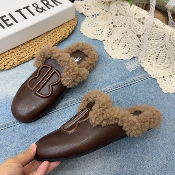 Ženske mule s mekim PU gornjim dijelom i umjetnom vunom, okrugli vrh, debela gumena potplata, slip-on u korejskom stilu