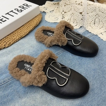 Ženske mule s mekim PU gornjim dijelom i umjetnom vunom, okrugli vrh, debela gumena potplata, slip-on u korejskom stilu