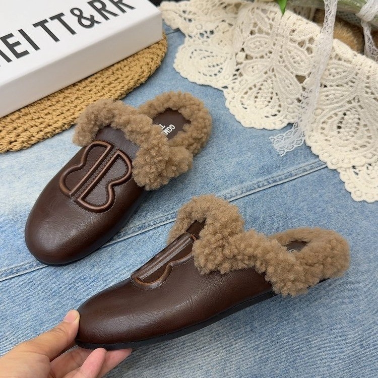 Ženske mule s mekim PU gornjim dijelom i umjetnom vunom, okrugli vrh, debela gumena potplata, slip-on u korejskom stilu