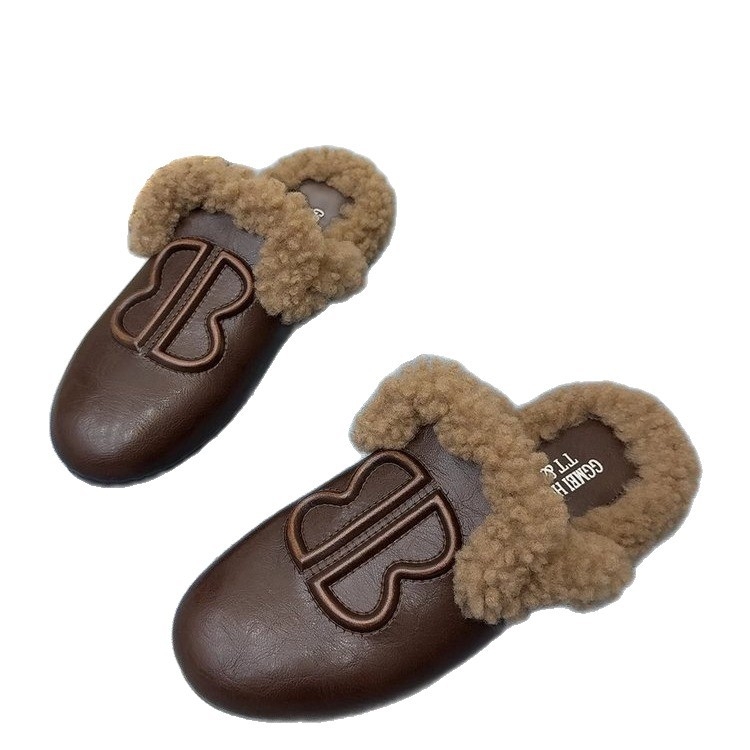 Ženske mule s mekim PU gornjim dijelom i umjetnom vunom, okrugli vrh, debela gumena potplata, slip-on u korejskom stilu