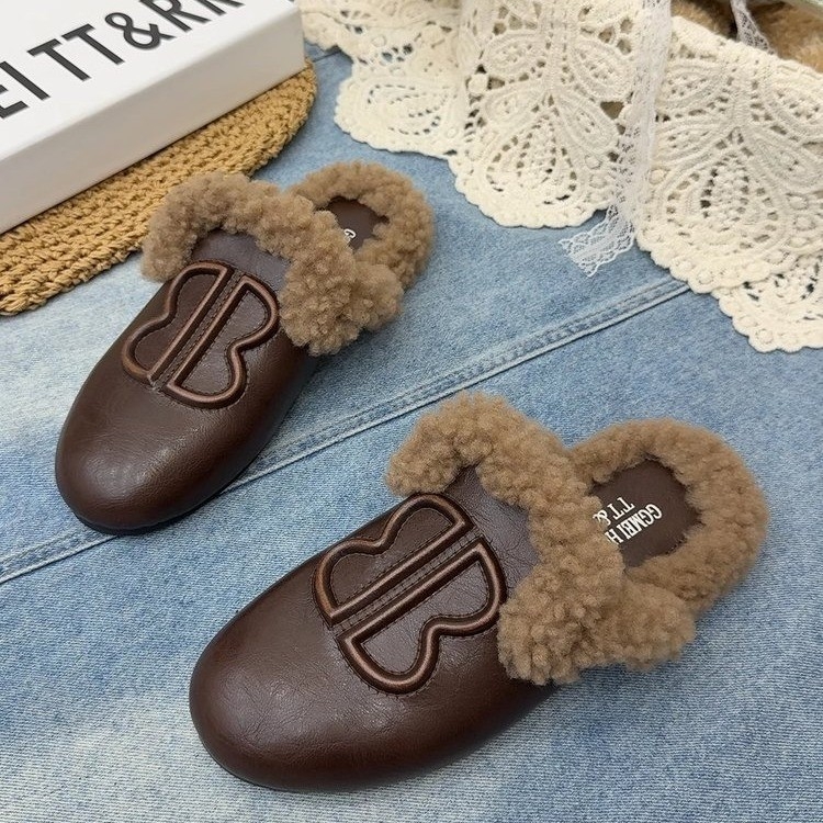 Ženske mule s mekim PU gornjim dijelom i umjetnom vunom, okrugli vrh, debela gumena potplata, slip-on u korejskom stilu