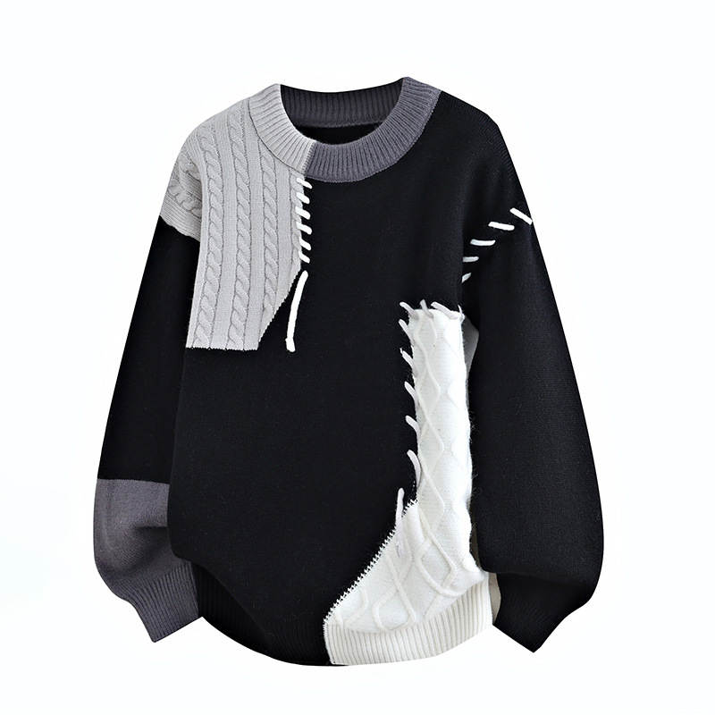 Patchwork pleteni džemper s kontrastnim dizajnom, slobodan kroj, okrugli izrez, dugi rukavi, unisex