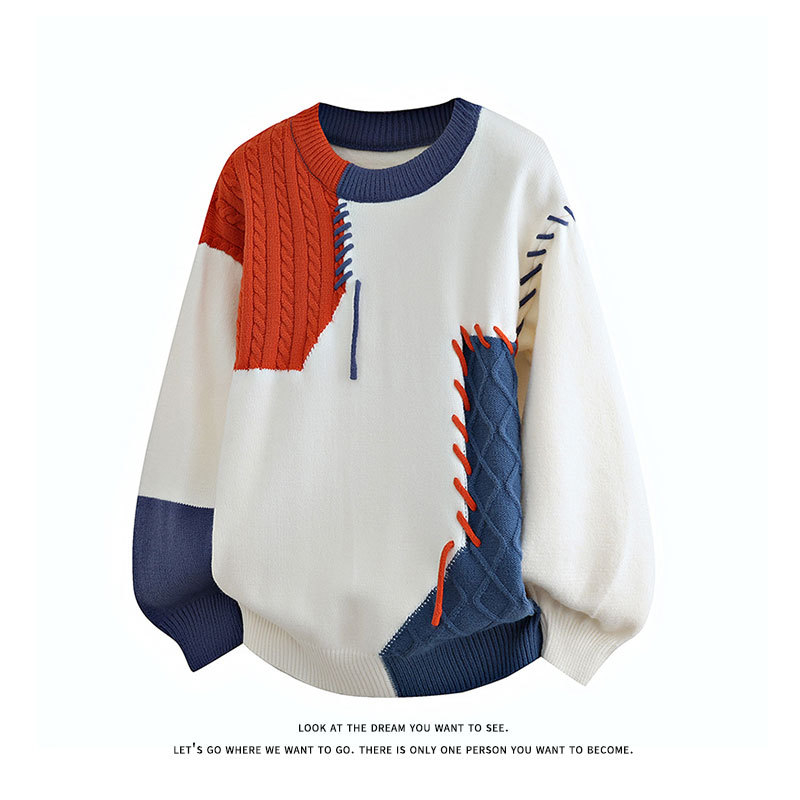 Patchwork pleteni džemper s kontrastnim dizajnom, slobodan kroj, okrugli izrez, dugi rukavi, unisex