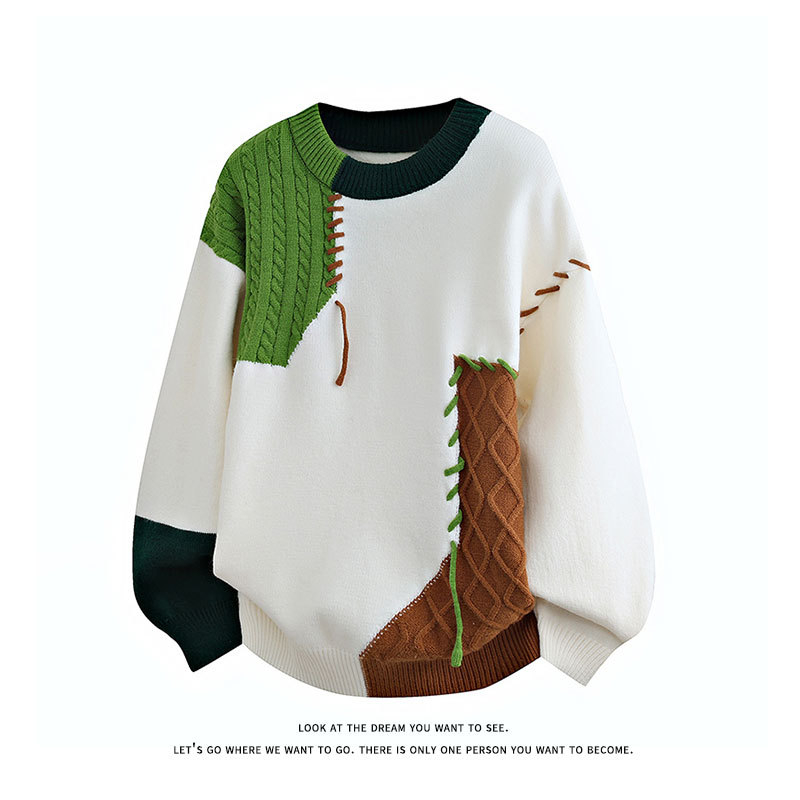 Patchwork pleteni džemper s kontrastnim dizajnom, slobodan kroj, okrugli izrez, dugi rukavi, unisex