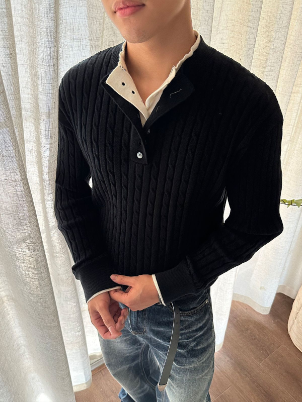 Unisex džemper s kabelskom pletenom i Henley ovratnikom, slim fit, dugi rukav, akrilna smjesa (50% akril, 28% PBT, 22% nylon)