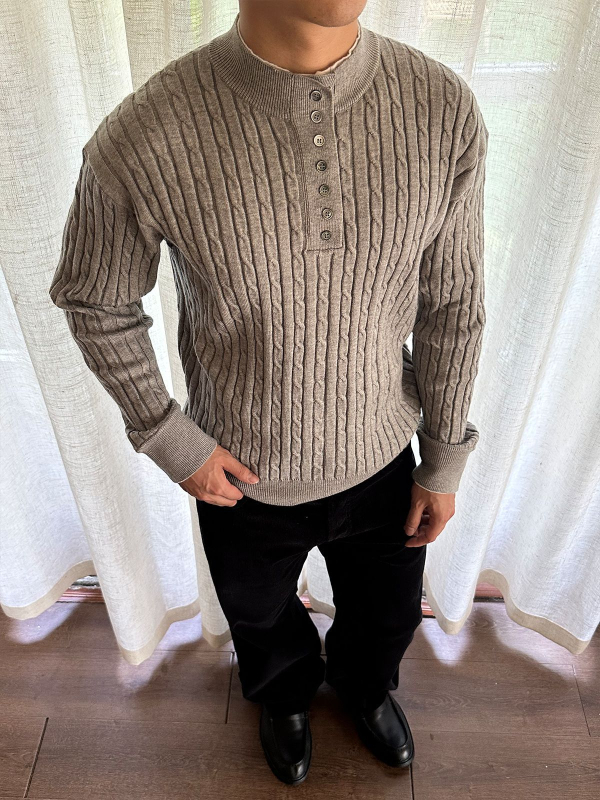 Unisex džemper s kabelskom pletenom i Henley ovratnikom, slim fit, dugi rukav, akrilna smjesa (50% akril, 28% PBT, 22% nylon)