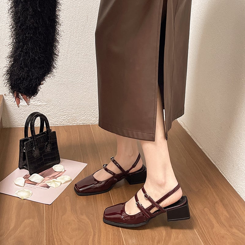 Γυναικείες Mary Jane σανδάλια - τετράγωνη μύτη, παχύς τακούνι 3–6 cm, λουράκι με αγκράφα, σόλα από καουτσούκ, εσωτερικό από μικροϊνες